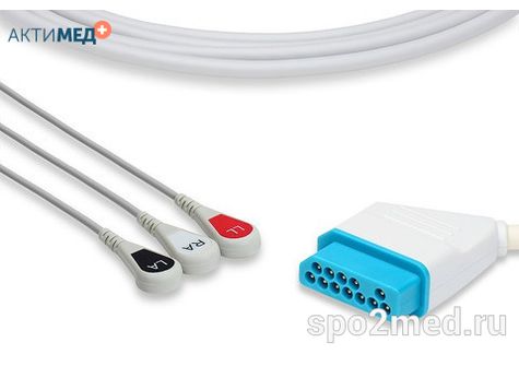 2309S-I, Кабель пациента электрокардиографический для подключения пациента к монитору (единый), Nihon Kohden, трехэлектродный: отведения (I,II,III), 3.4м, кнопочный тип, IEC
