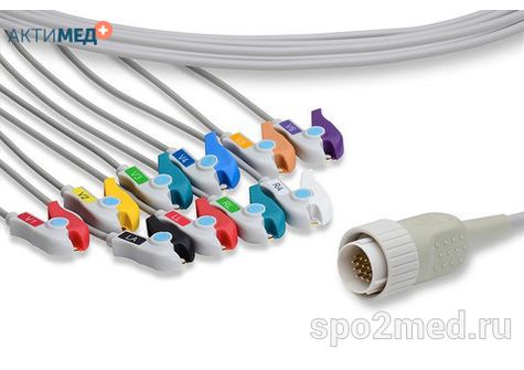 E10R-KZ1-P/I, Кабель пациента электрокардиографический для подключения пациента к монитору (единый), Kenz, двенадцатиэлектродный, 10 отведений, 3.4м, тип "прищепка"