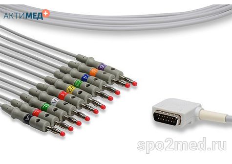 E10R-KZ2-B/I, Кабель пациента электрокардиографический для подключения пациента к монитору (единый), Kenz, двенадцатиэлектродный, 10 отведений, 3.4м, тип "банан"