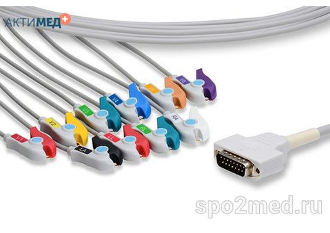 E10R-MQ-P/I, Кабель пациента электрокардиографический для подключения пациента к монитору (единый), Marquette, двенадцатиэлектродный, 10 отведений, 3.4м, тип "прищепка"