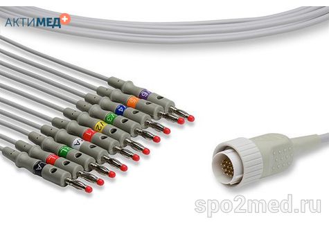 E10R-KZ1-B/I, Кабель пациента электрокардиографический для подключения пациента к монитору (единый), Kenz, двенадцатиэлектродный, 10 отведений, 3.4м, тип "банан"