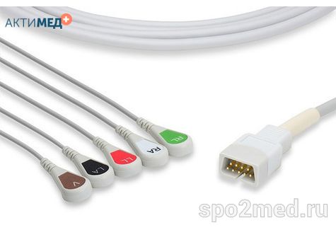 2510S-I, Кабель пациента электрокардиографический для подключения пациента к монитору (единый), MEK, пятиэлектродный: отведения (I,II,III, aVR, aVL), 3.4м, кнопочный тип, IEC