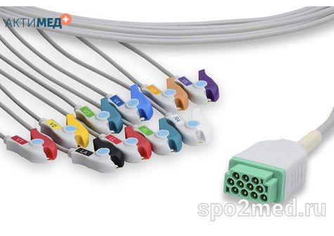 21086P-I, Кабель пациента электрокардиографический для подключения пациента к монитору (единый), Marquette, двенадцатиэлектродный: отведения (I,II,III, aVR, aVL, aVF, V4, V5), 3.4м, тип "прищепка", IEC