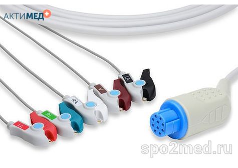 2595P-I, Кабель пациента электрокардиографический для подключения пациента к монитору (единый), Datex Ohmeda, пятиэлектродный: отведения (I,II,III, aVR, aVL), 3.4м, тип "прищепка", IEC