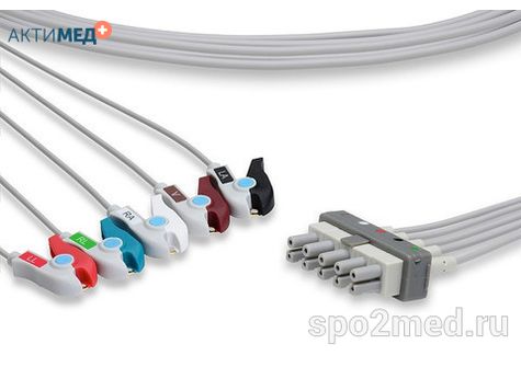 AA5-90P-I, Кабель пациента электрокардиографический для подключения пациента к монитору (отведения), Philips, пятиэлектродный: отведения (I,II,III, aVR, aVL), 0.9м, тип "прищепка", IE