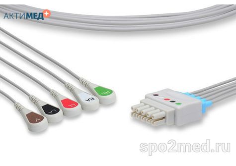 DX5-90S-I, Кабель пациента электрокардиографический для подключения пациента к монитору (отведения), Datex Ohmeda, пятиэлектродный: отведения (I,II,III, aVR, aVL), 0.9м, кнопочный тип, IEC