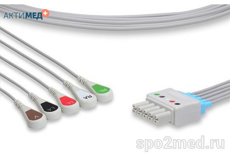 SM5-90S-I, Кабель пациента электрокардиографический для подключения пациента к монитору (отведения), Draeger/Siemens, пятиэлектродный: отведения (I,II,III, aVR, aVL), 0.9м, кнопочный тип, IEC