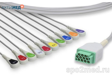 21086S-I, Кабель пациента электрокардиографический для подключения пациента к монитору (единый), Marquette, двенадцатиэлектродный: отведения (I,II,III, aVR, aVL, aVF, V4, V5), 3.4м, кнопочный тип, IEC