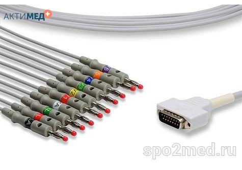 E10R-MQ-B/I, Кабель пациента электрокардиографический для подключения пациента к монитору (единый), Marquette, двенадцатиэлектродный, 10 отведений, 3.4м, тип "банан"