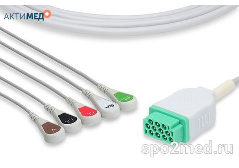 2586S-I, Кабель пациента электрокардиографический для подключения пациента к монитору (единый), Marquette, пятиэлектродный: отведения (I,II,III, aVR, aVL), 3.4м, кнопочный тип, IEC