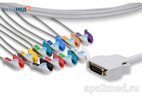 E10R-MT-P/I, Кабель пациента электрокардиографический для подключения пациента к монитору (единый), Mortara, двенадцатиэлектродный, 10 отведений, 3.4м, тип "прищепка"