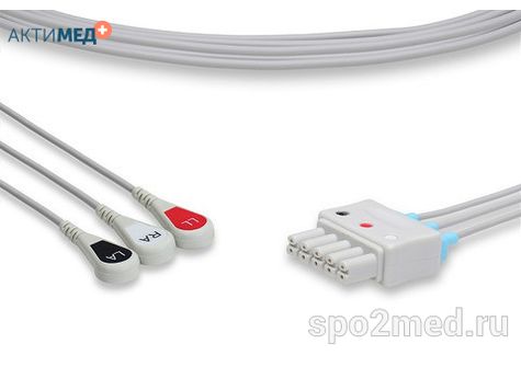 MR3-90S-I, Кабель пациента электрокардиографический для подключения пациента к монитору (отведения), Mindray, трехэлектродный: отведения (I,II,III), 0.9м, кнопочный тип, IEC