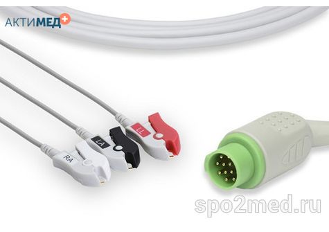 2354P-I, Кабель пациента электрокардиографический для подключения пациента к монитору (единый), Schiller, трехэлектродный: отведения (I,II,III), 3.4м, тип "прищепка", IEC