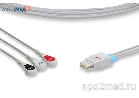 DX3-90S-I, Кабель пациента электрокардиографический для подключения пациента к монитору (отведения), Datex Ohmeda, трехэлектродный: отведения (I,II,III), 0.9м, кнопочный тип, IEC