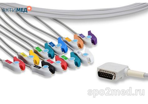 E10R-KZ2-P/I, Кабель пациента электрокардиографический для подключения пациента к монитору (единый), Kenz, двенадцатиэлектродный, 10 отведений, 3.4м, тип "прищепка"