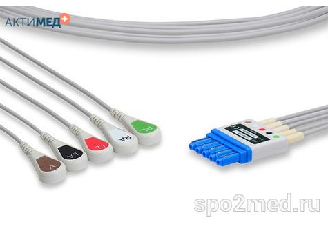 HPA5-90S-I, Кабель пациента электрокардиографический для подключения пациента к монитору (отведения), Philips, пятиэлектродный: отведения (I,II,III, aVR, aVL), 0.9м, кнопочный тип, IEC
