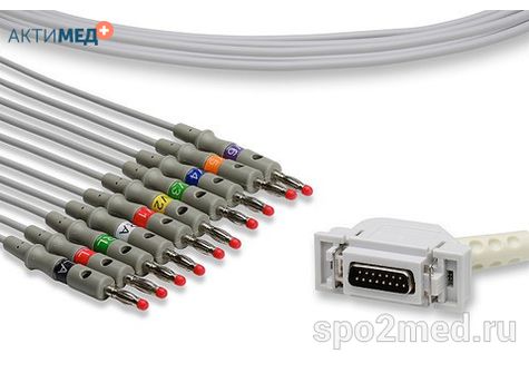 E10R-HL-B/I, Кабель пациента электрокардиографический для подключения пациента к монитору (единый), Hellige, двенадцатиэлектродный, 10 отведений, 3.4м, тип "банан"