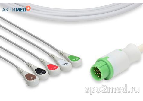 2575S-I, Кабель пациента электрокардиографический для подключения пациента к монитору (единый), Mennen, пятиэлектродный: отведения (I,II,III, aVR, aVL), 3.4м, кнопочный тип, IEC