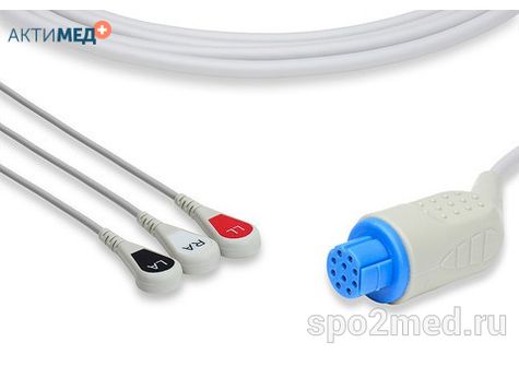 2395S-I, Кабель пациента электрокардиографический для подключения пациента к монитору (единый), Datex Ohmeda, трехэлектродный: отведения (I,II,III), 3.4м, кнопочный тип, IEC