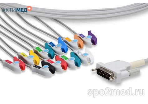 E10R-SH1-P/I, Кабель пациента электрокардиографический для подключения пациента к монитору (единый), Schiller, двенадцатиэлектродный, 10 отведений, 3.4м, тип "прищепка"
