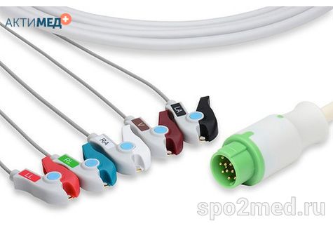 2575P-I, Кабель пациента электрокардиографический для подключения пациента к монитору (единый), Mennen, пятиэлектродный: отведения (I,II,III, aVR, aVL), 3.4м, тип "прищепка", IEC