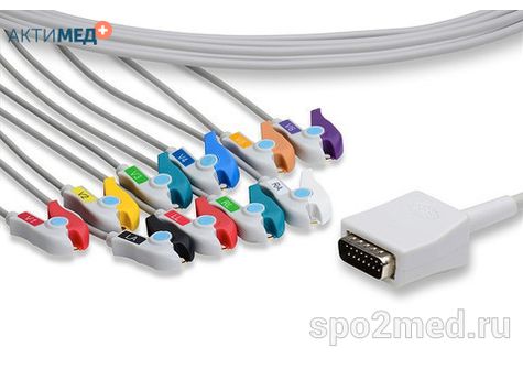 E10R-NK1-P/I, Кабель пациента электрокардиографический для подключения пациента к монитору (единый), Nihon Kohden, двенадцатиэлектродный, 10 отведений, 3.4м, тип "прищепка"