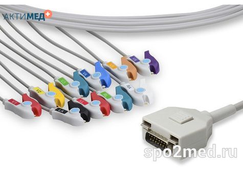 E10R-FD2-P/I, Кабель пациента электрокардиографический для подключения пациента к монитору (единый), Fukuda ME, двенадцатиэлектродный, 10 отведений, 3.4м, тип "прищепка"