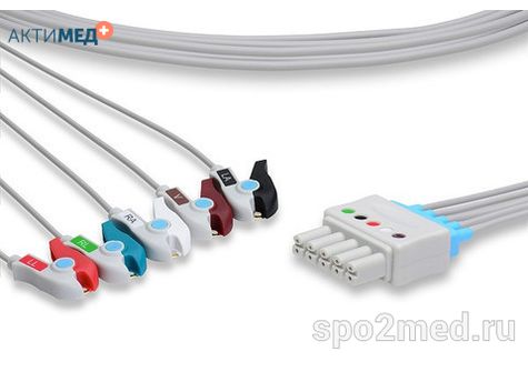 MR5-90P-I, Кабель пациента электрокардиографический для подключения пациента к монитору (отведения), Mindray, пятиэлектродный: отведения (I,II,III, aVR, aVL), 0.9м, тип "прищепка", IEC