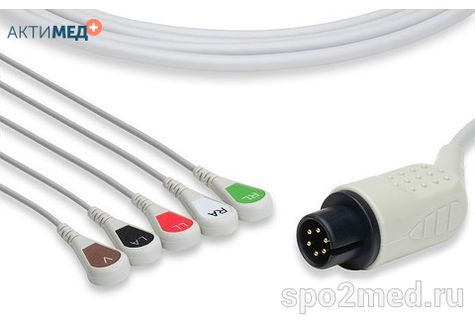 2540S-I, Кабель пациента электрокардиографический для подключения пациента к монитору (единый), AAMI, пятиэлектродный: отведения (I,II,III, aVR, aVL), 3.4м, кнопочный тип, IEC