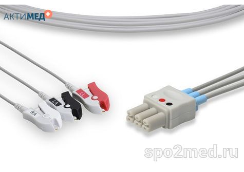 SM3-200P-I, Кабель пациента электрокардиографический для подключения пациента к монитору (отведения), Draeger/Siemens, трехэлектродный: отведения (I,II,III), 2.0м, тип "прищепка", IEC