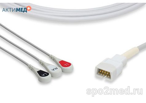 2310S-I, Кабель пациента электрокардиографический для подключения пациента к монитору (единый), MEK, трехэлектродный: отведения (I,II,III), 3.4м, кнопочный тип, IEC