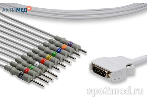 E10R-MT-N/I, Кабель пациента электрокардиографический для подключения пациента к монитору (единый), Mortara, двенадцатиэлектродный, 10 отведений, 3.4м, тип "игла"