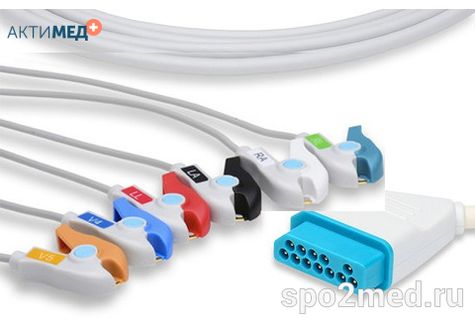 2609P-I, Кабель пациента электрокардиографический для подключения пациента к монитору (единый), Nihon Kohden, пятиэлектродный: отведения (I,II,III, aVR, aVL), 3.4м, тип "прищепка", IEC