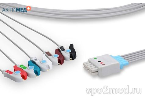MQ5-90P-I, Кабель пациента электрокардиографический для подключения пациента к монитору (отведения), Marquette, пятиэлектродный: отведения (I,II,III, aVR, aVL), 0.9м, тип "прищепка", IEC