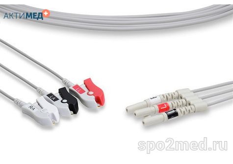 D3-90P-I, Кабель пациента электрокардиографический для подключения пациента к монитору (отведения), AAMI, трехэлектродный: отведения (I,II,III), 0.9м, тип "прищепка", IEC, Din