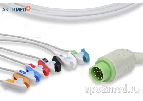 2554P-I, Кабель пациента электрокардиографический для подключения пациента к монитору (единый), Schiller, пятиэлектродный: отведения (I,II,III, aVR, aVL), 3.4м, тип "прищепка", IEC