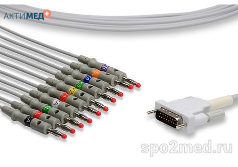 E10R-SH1-B/I, Кабель пациента электрокардиографический для подключения пациента к монитору (единый), Schiller, двенадцатиэлектродный, 10 отведений, 3.4м, тип "банан"