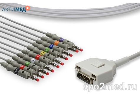 E10R-FD2-B/I, Кабель пациента электрокардиографический для подключения пациента к монитору (единый), Fukuda ME, двенадцатиэлектродный, 10 отведений, 3.4м, тип "банан"