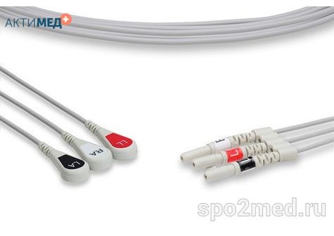 D3-90S-I, Кабель пациента электрокардиографический для подключения пациента к монитору (отведения), AAMI, трехэлектродный: отведения (I,II,III), 0.9м, кнопочный тип, IEC, Din