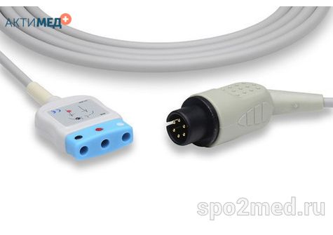 D-1340-I, Кабель пациента электрокардиографический для подключения пациента к монитору (магистральный на 3 отв.), AAMI, 2.5м, IEC, Din