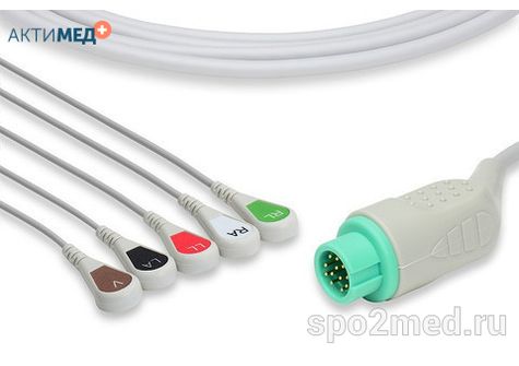 2512S-I, Кабель пациента электрокардиографический для подключения пациента к монитору (единый), Mindray, пятиэлектродный: отведения (I,II,III, aVR, aVL), 3.4м, кнопочный тип, IEC