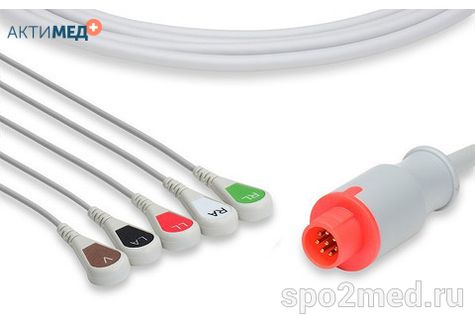 2514S-I, Кабель пациента электрокардиографический для подключения пациента к монитору (единый), Bionet, пятиэлектродный: отведения (I,II,III, aVR, aVL), 3.4м, кнопочный тип, IEC