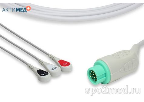 2312S-I, Кабель пациента электрокардиографический для подключения пациента к монитору (единый), Mindray, трехэлектродный: отведения (I,II,III), 3.4м, кнопочный тип, IEC