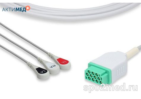 2386S-I, Кабель пациента электрокардиографический для подключения пациента к монитору (единый), Marquette, трехэлектродный: отведения (I,II,III), 3.4м, кнопочный тип, IEC