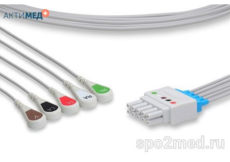 MN5-90S-I, Кабель пациента электрокардиографический для подключения пациента к монитору (отведения), Mennen, пятиэлектродный: отведения (I,II,III, aVR, aVL), 0.9м, кнопочный тип, IEC
