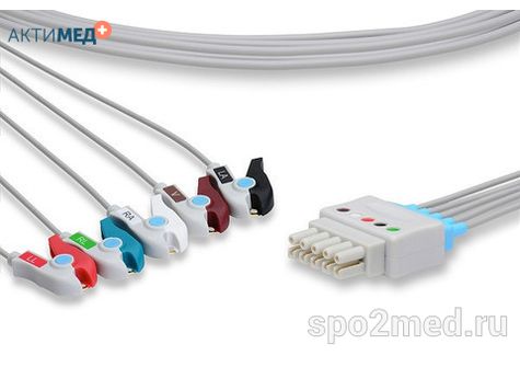 DX5-90P-I, Кабель пациента электрокардиографический для подключения пациента к монитору (отведения), Datex Ohmeda, пятиэлектродный: отведения (I,II,III, aVR, aVL), 0.9м, тип "прищепка", IEC