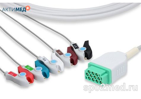 2586P-I, Кабель пациента электрокардиографический для подключения пациента к монитору (единый), Marquette, пятиэлектродный: отведения (I,II,III, aVR, aVL), 3.4м, тип "прищепка", IEC