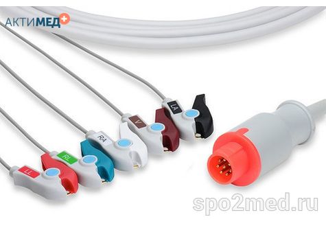 2514P-I, Кабель пациента электрокардиографический для подключения пациента к монитору (единый), Bionet, пятиэлектродный: отведения (I,II,III, aVR, aVL), 3.4м, тип "прищепка", IEC
