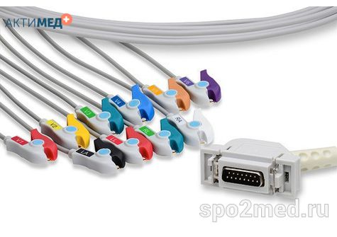 E10R-HL-P/I, Кабель пациента электрокардиографический для подключения пациента к монитору (единый), Hellige, двенадцатиэлектродный, 10 отведений, 3.4м, тип "прищепка"