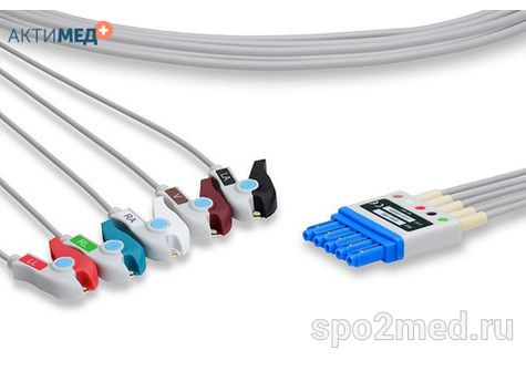 HPA5-160P-I, Кабель пациента электрокардиографический для подключения пациента к монитору (отведения), Philips, пятиэлектродный: отведения (I,II,III, aVR, aVL), 1.6м, тип "прищепка", IEC